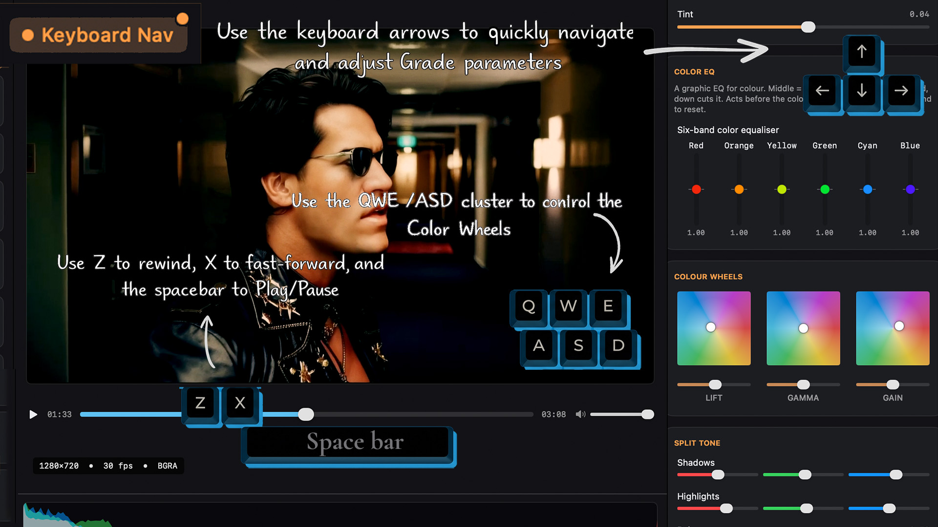 Keyboard Nav: arrow keys adjust Grade parameters, the QWE/ASD cluster controls the color wheels, and Z / X / spacebar control playback