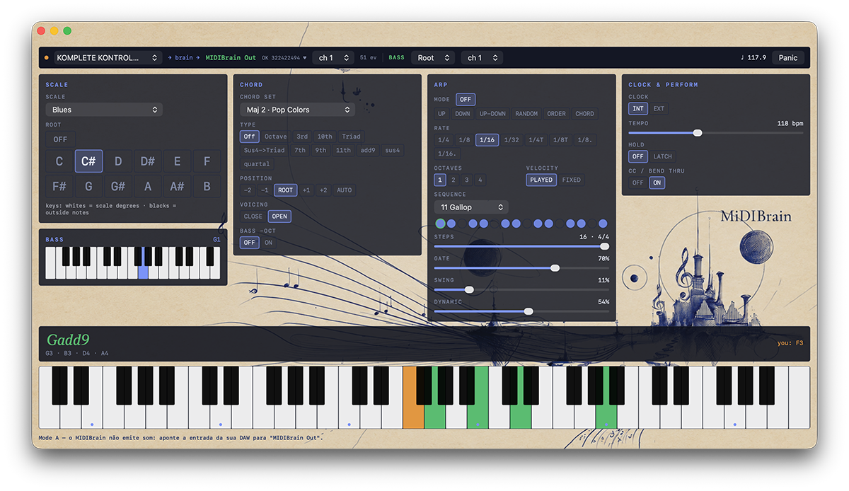 The MIDIBrain interface: Scale, Chord, Arp and Clock sections over aged paper with hand-drawn musical artwork